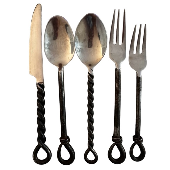 Hand Forged Cutlery Set (set of 5) Silver-tone Twisted Handles Antique - Picture 1 of 4